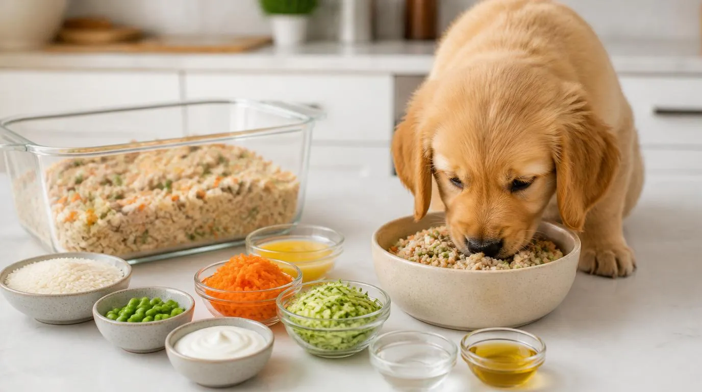 Puppy eating homemade food